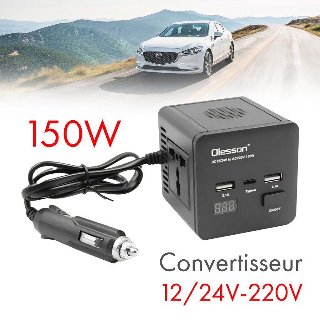 Onduleur Voiture 150W avec USB & Type-C – Multi-Protection 12V image 0