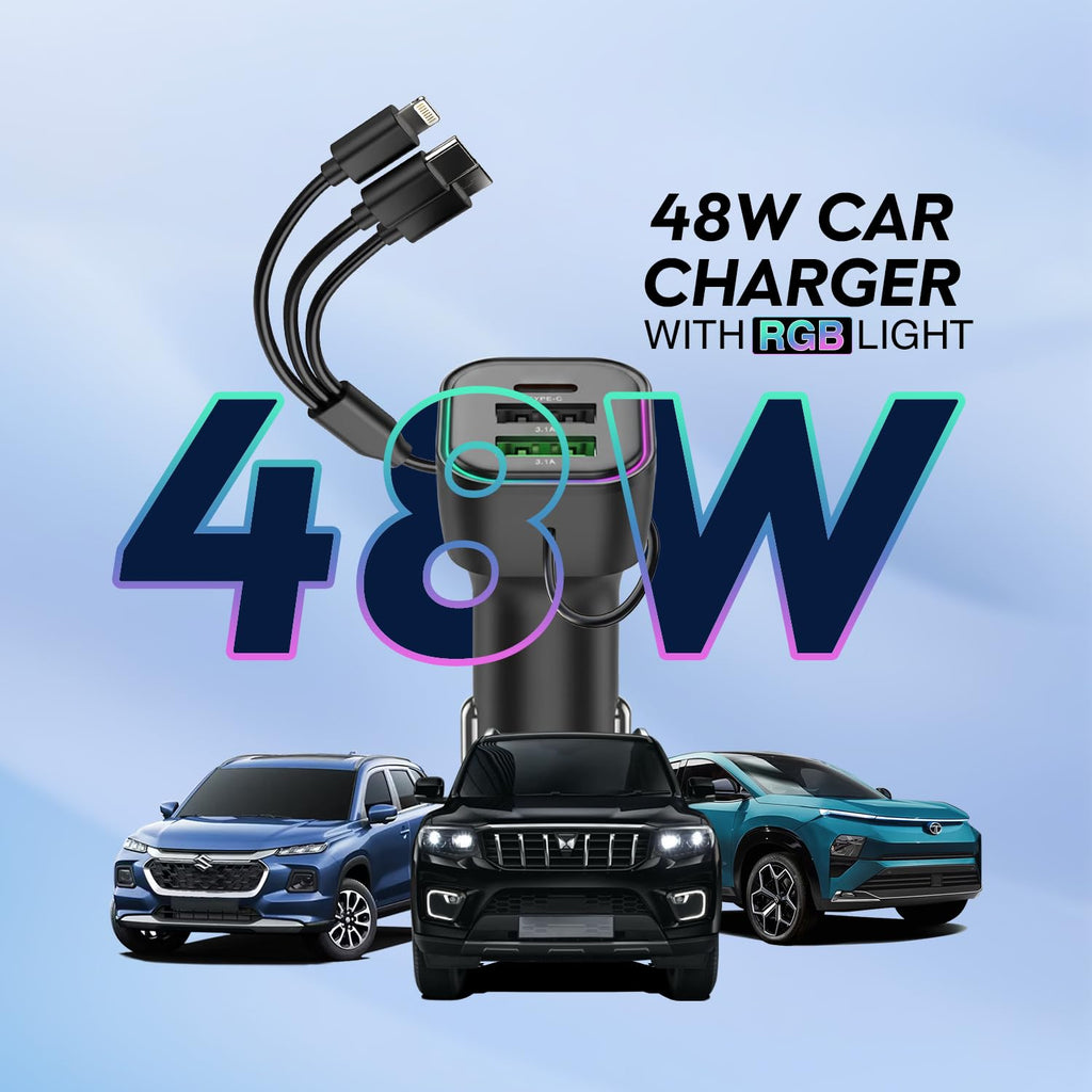 Chargeur Voiture 48W : Puissance Triple et Câble 3-en-1