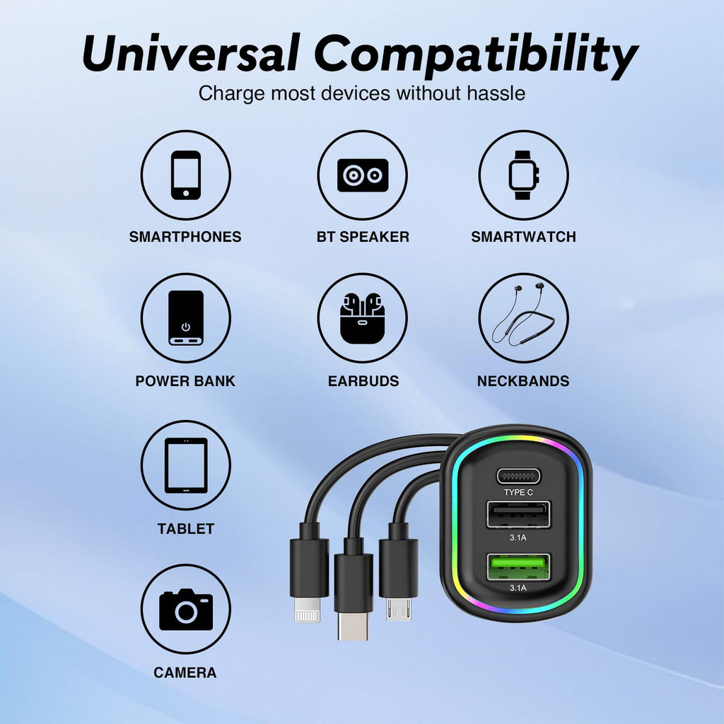 Chargeur Voiture 48W : Puissance Triple et Câble 3-en-1