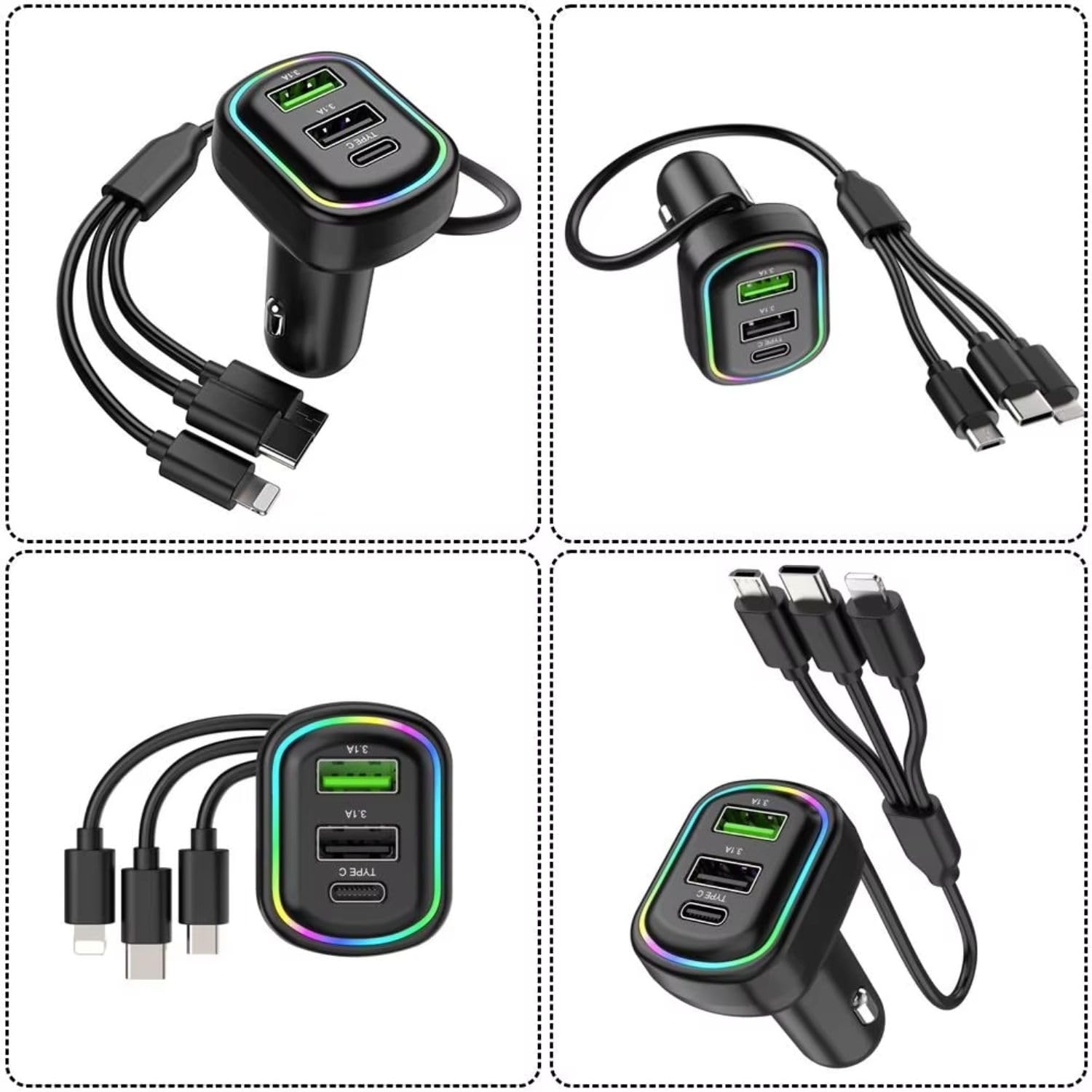 Chargeur Voiture 48W : Puissance Triple et Câble 3-en-1