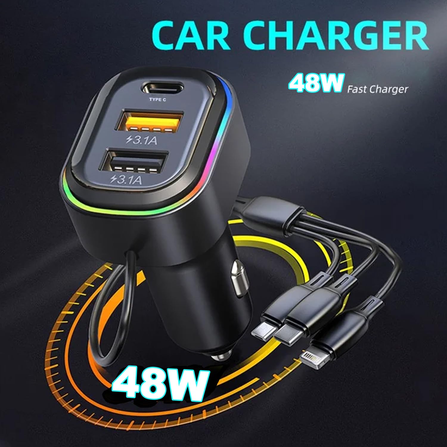 Chargeur Voiture 48W : Puissance Triple et Câble 3-en-1