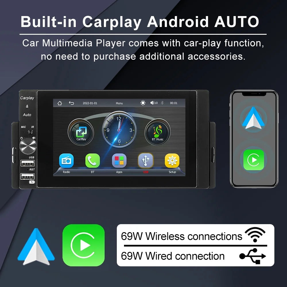 Autoradio 1-DIN HD 5" – CarPlay & Android Auto