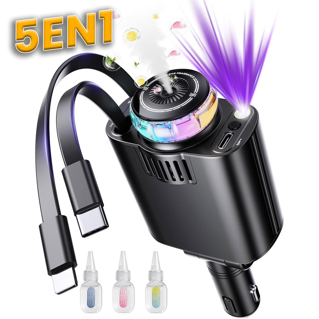 Chargeur de Voiture Rétractable 5 en 1 avec Aromathérapie et Lumière Ambiante image 0