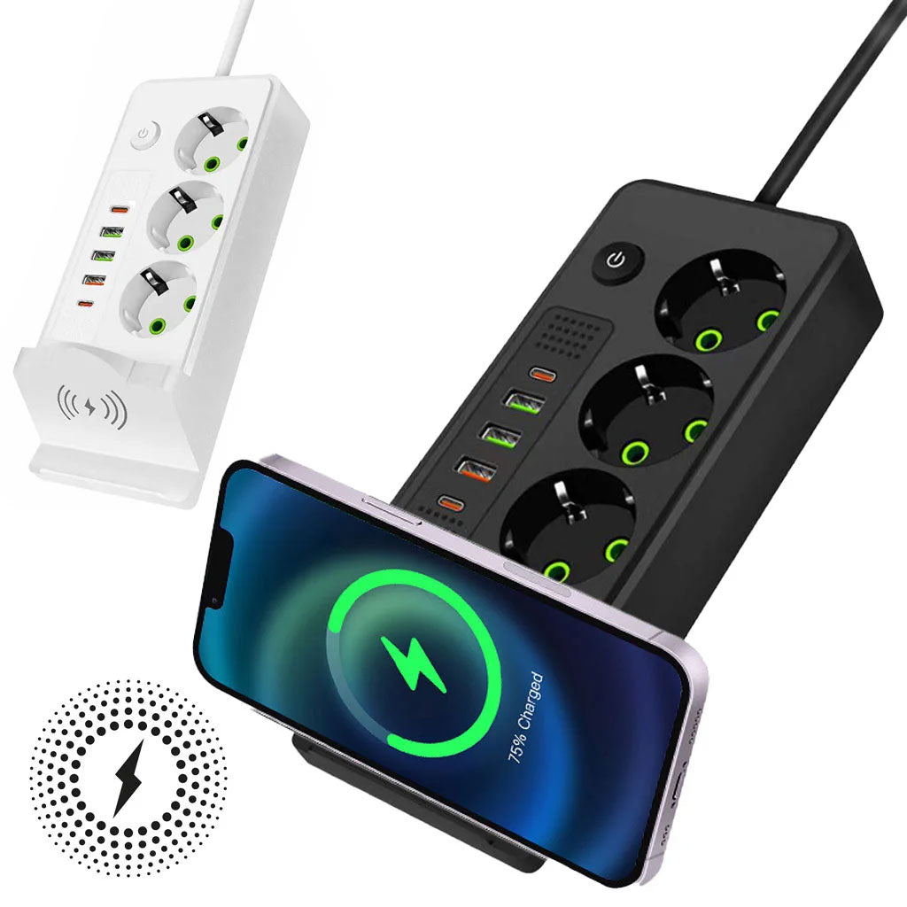 Multiprise 4 Ports avec USB-C & Charge Sans Fil – 2500W Sécurité & Charge Rapide