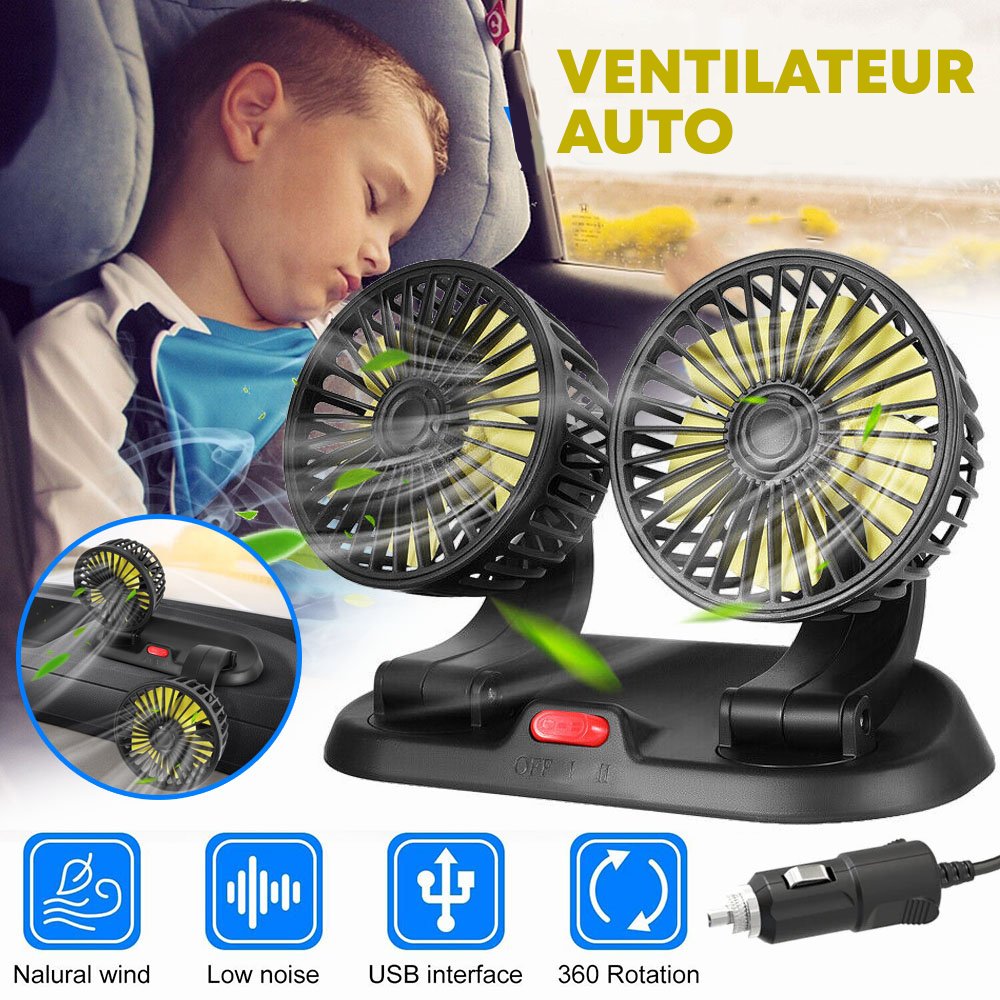 Ventilateur Double Tête Voiture USB – 360° Rotatif & 3 Vitesses image 0