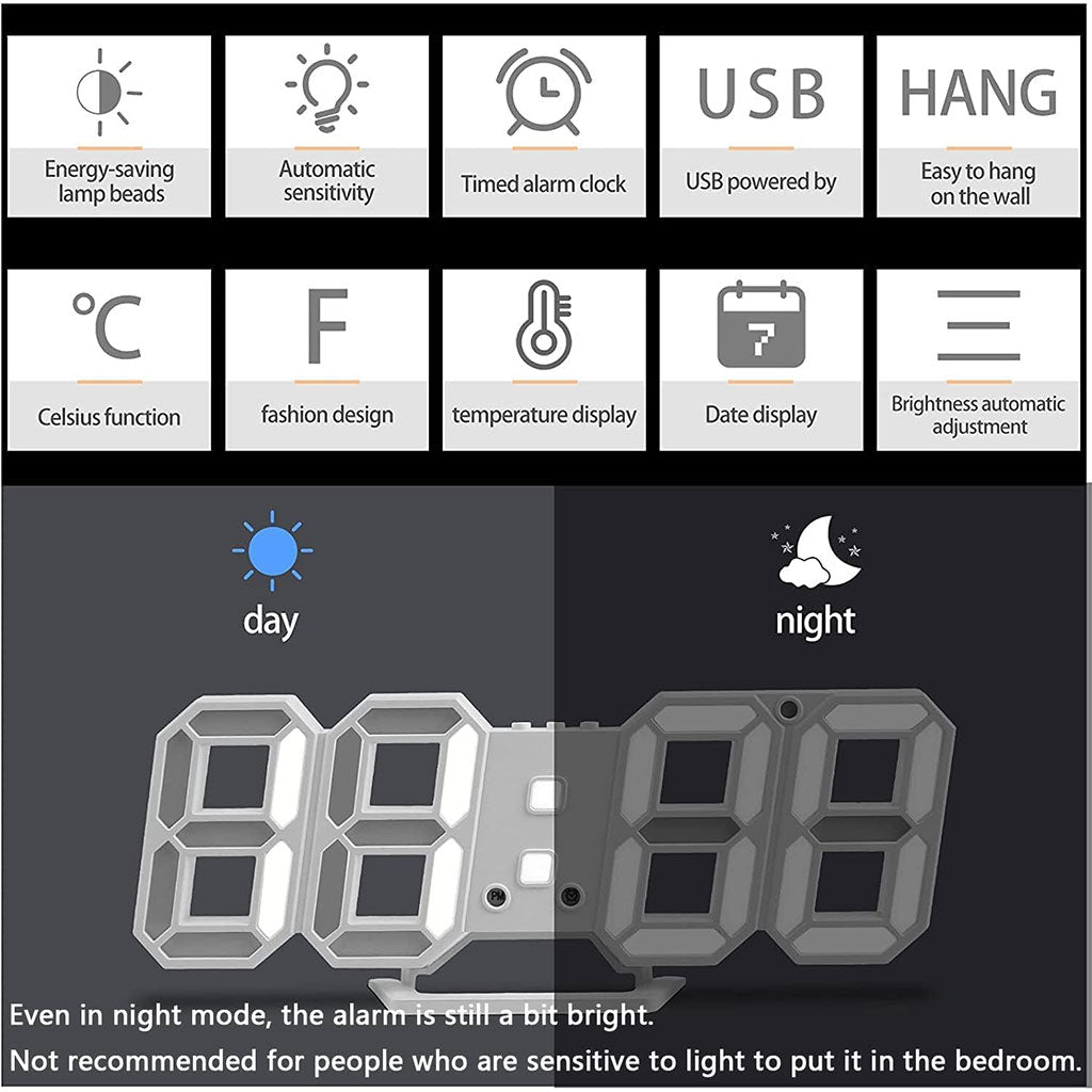 Horloge Murale LED 3D – Affichage Automatique & Design Moderne