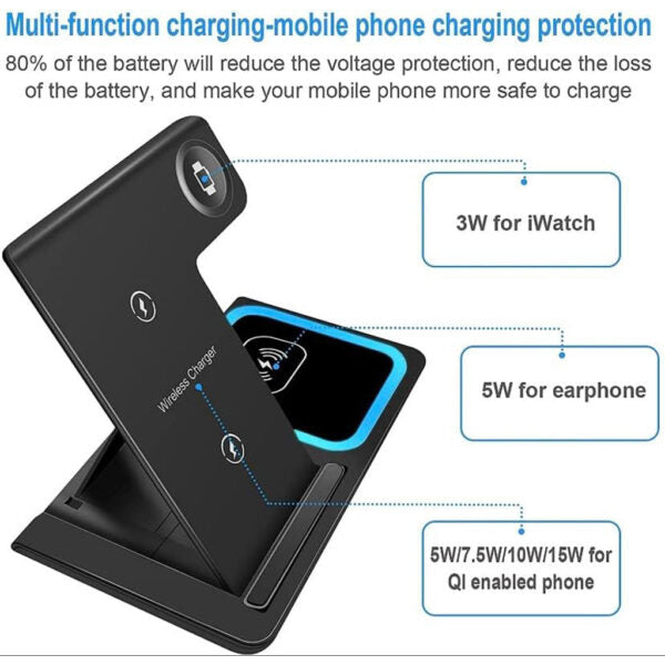 Station de Charge Sans Fil 3-en-1 – Charge Rapide, Sûre et Polyvalente