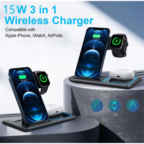 Station de Charge Sans Fil 3-en-1 – Charge Rapide, Sûre et Polyvalente