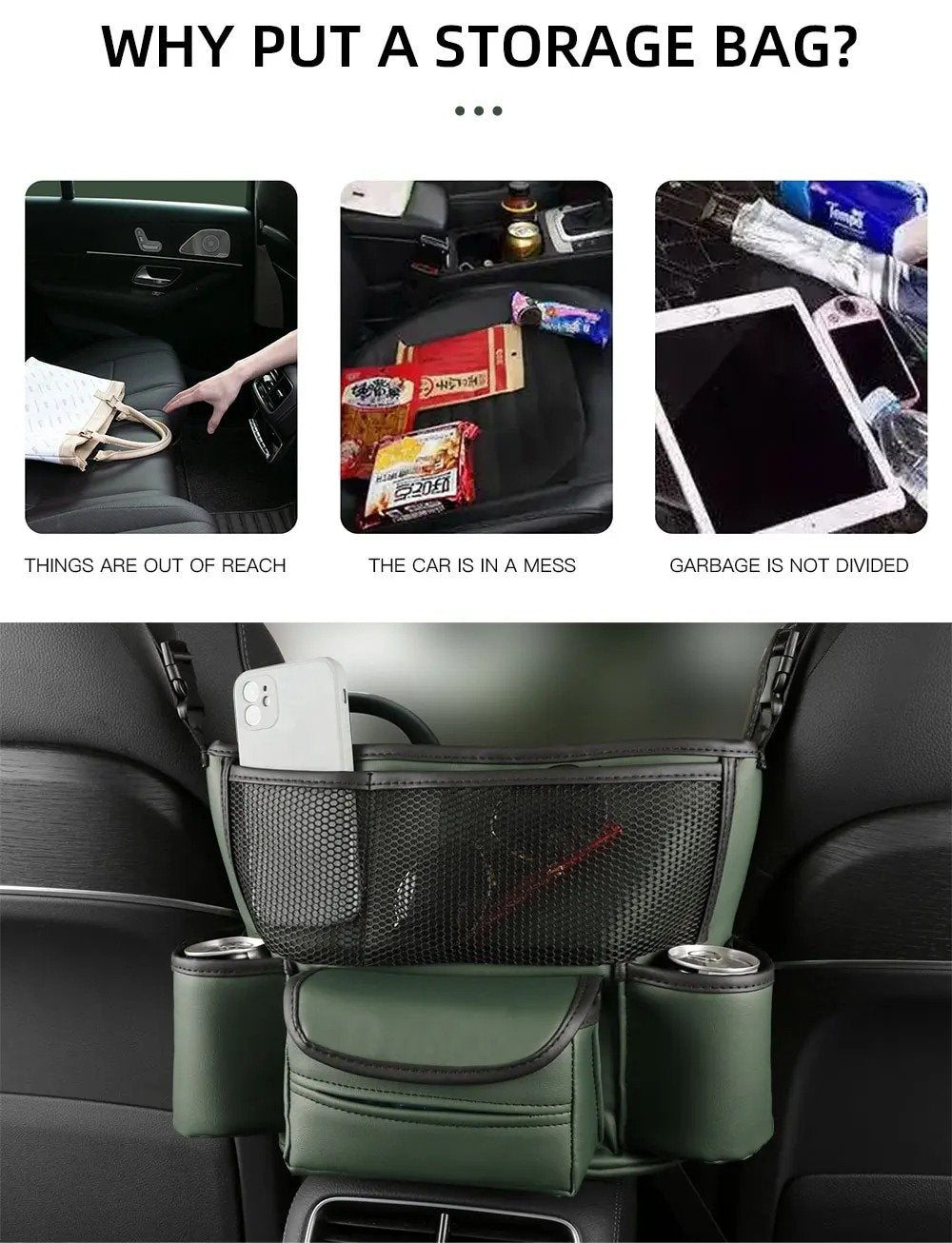 Sac de Rangement en Cuir pour Siège de Voiture – Support Central & Multi-Compartiments image 6