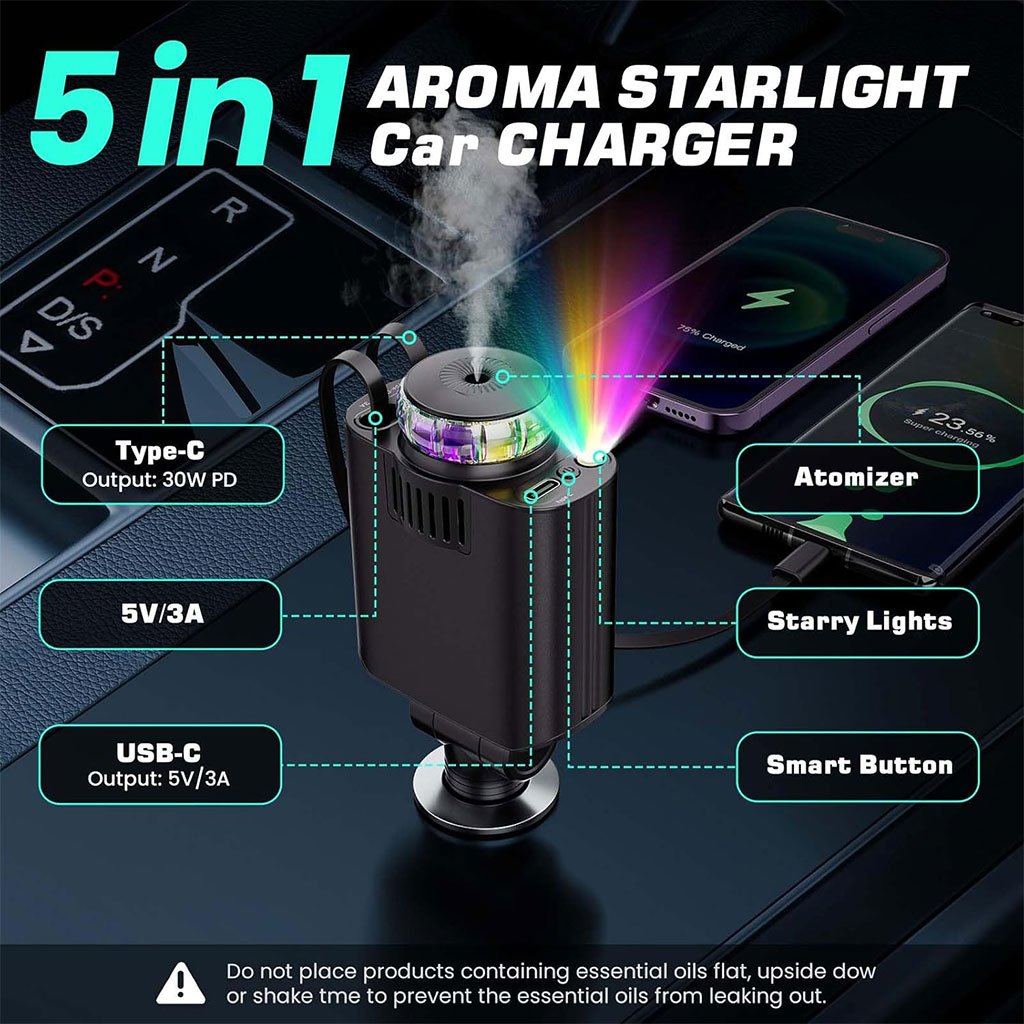 Chargeur de Voiture Rétractable 5 en 1 avec Aromathérapie et Lumière Ambiante image 3