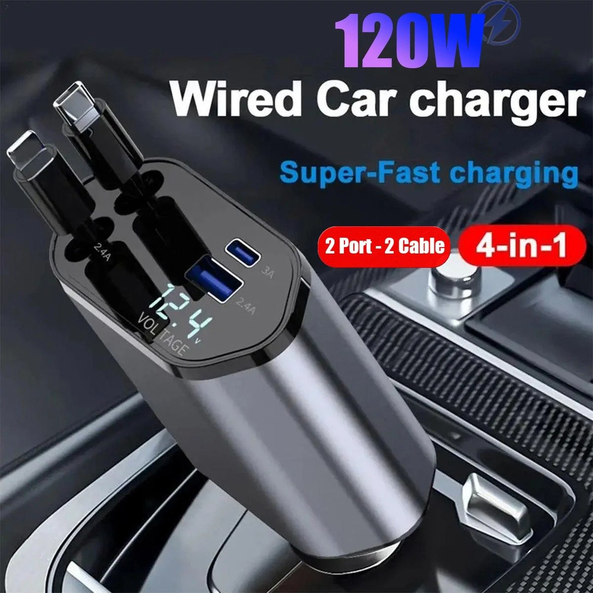 Chargeur Voiture Rétractable 4-en-1 – Câbles Type-C & iOS image 3