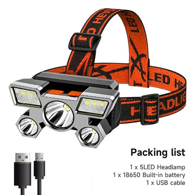 Lampe Frontale Rechargeable USB à 5 LED – Batterie Intégrée مصباح رأس قابل لإعادة الشحن image 2