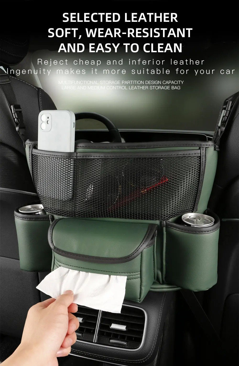 Sac de Rangement en Cuir pour Siège de Voiture – Support Central & Multi-Compartiments image 2