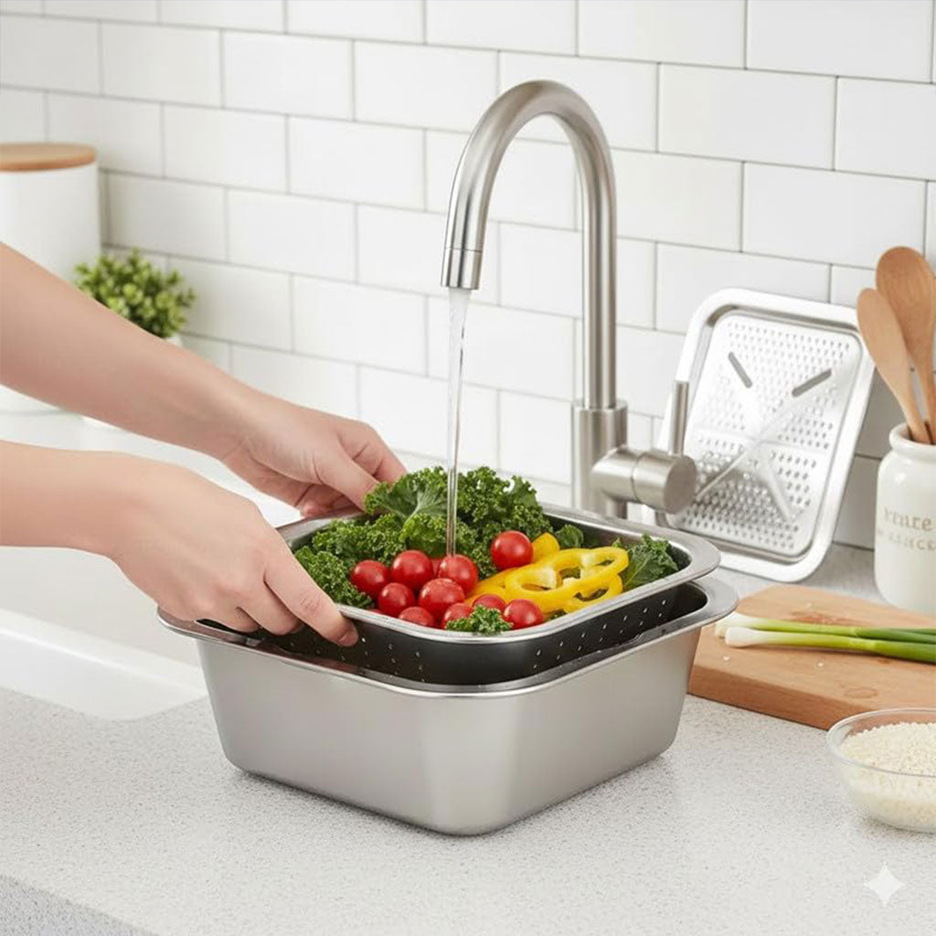 Coupe-Légumes 3-en-1 en Acier Inoxydable – Râpe, Hachoir et Passoire
