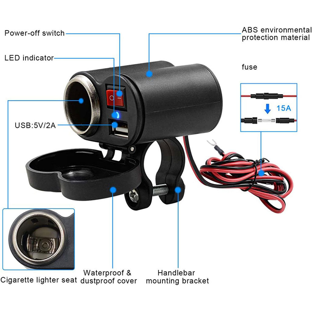 Titre : Chargeur USB Moto 12–24V avec Support Guidon – Prise Allume-Cigare Étanche