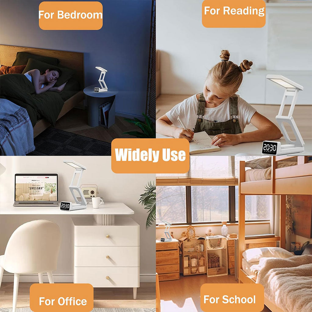 Lampe de Bureau Digitale Multifonction avec Réveil, LED et Batterie 5000 mAh Pliable