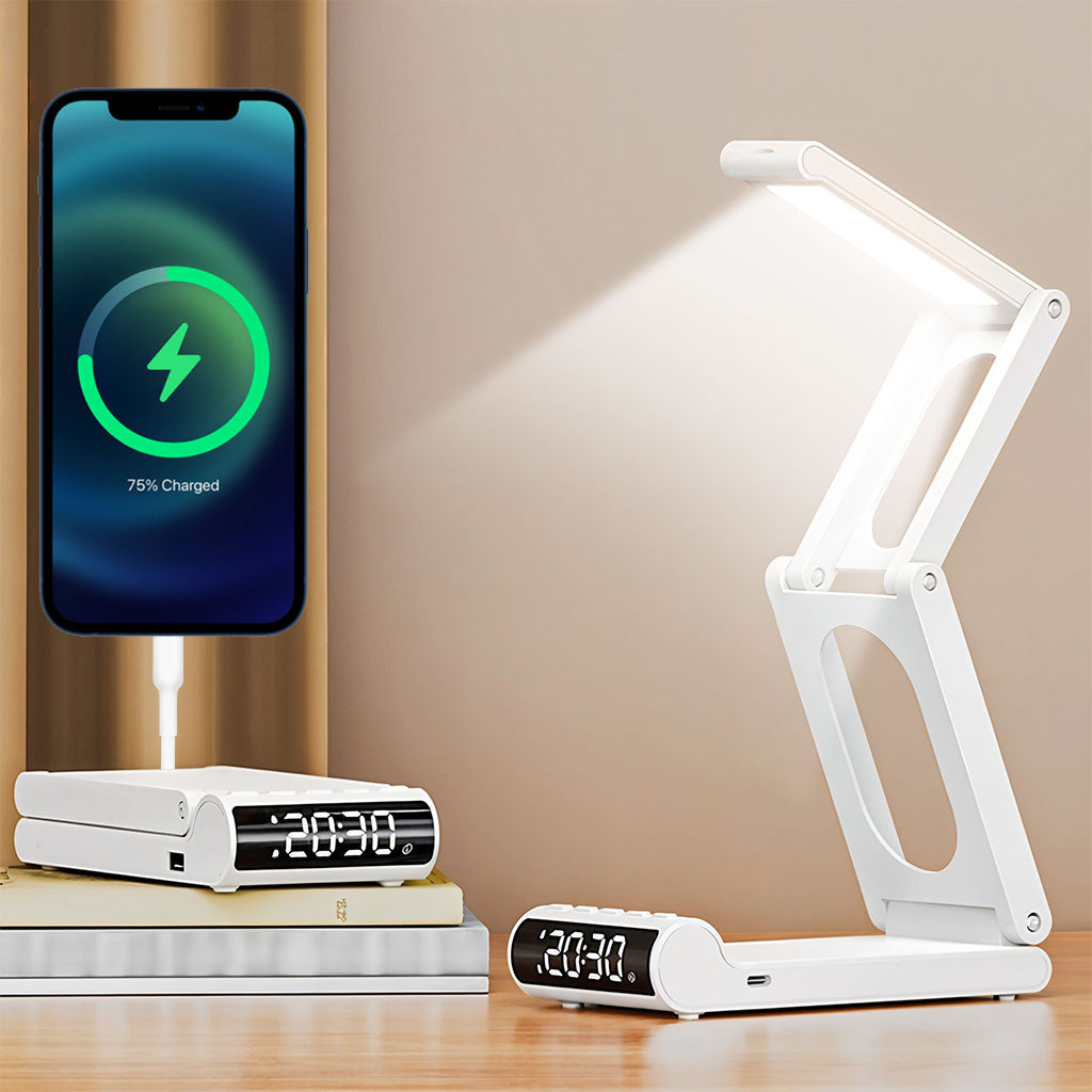 Lampe de Bureau Digitale Multifonction avec Réveil, LED et Batterie 5000 mAh Pliable