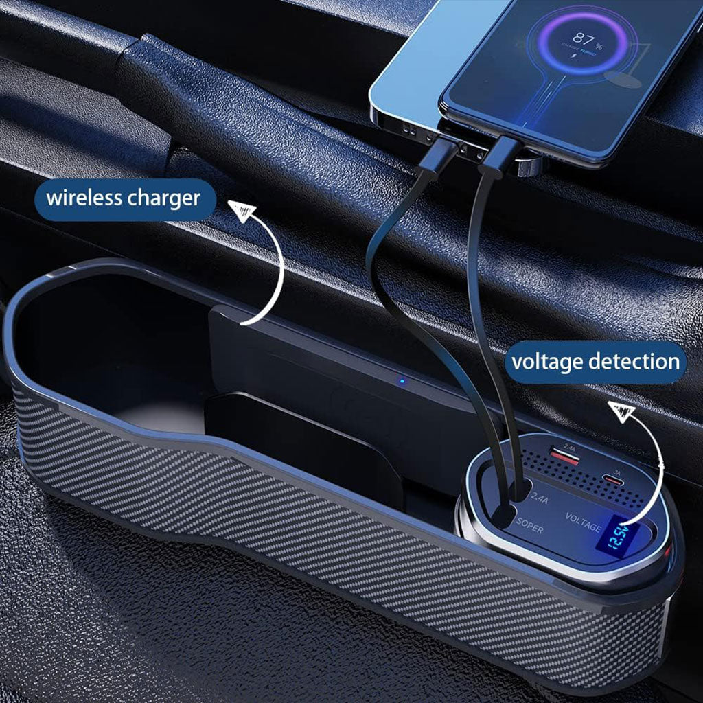 Organisateur de Siège Auto avec Charge Multi-Ports 5 en 1  & Charge Sans Fil – Design Carbone