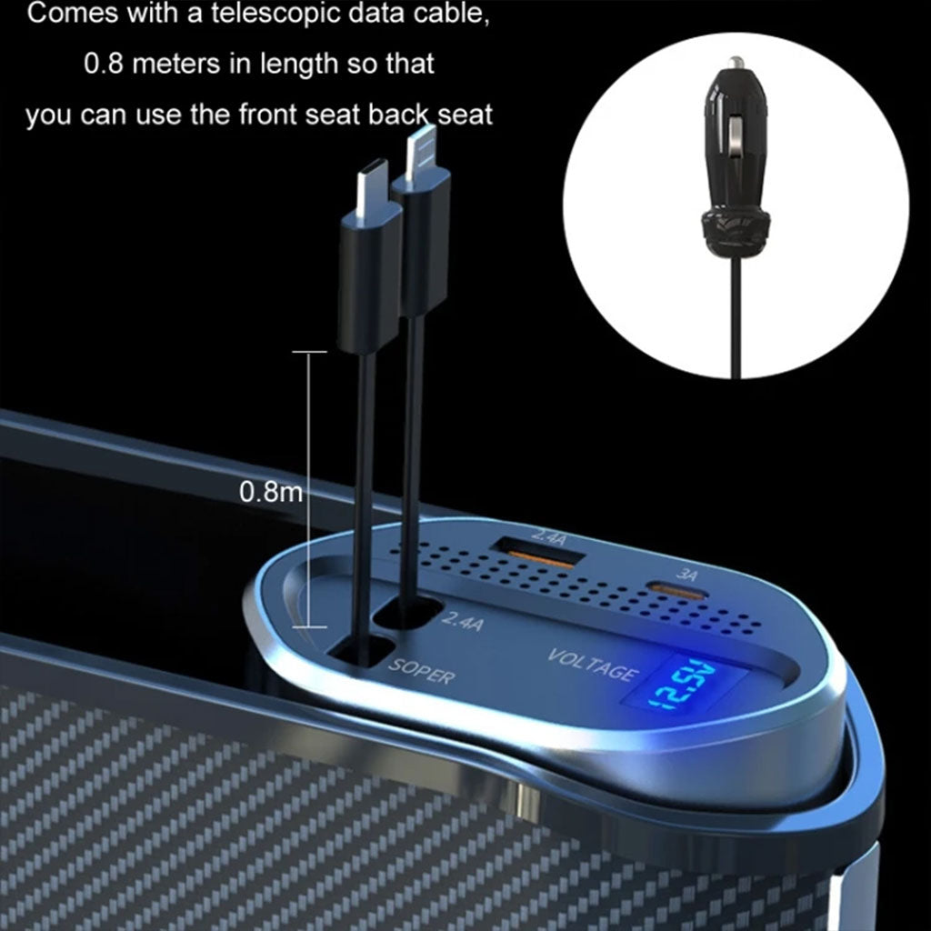 Organisateur de Siège Auto avec Charge Multi-Ports 5 en 1  & Charge Sans Fil – Design Carbone