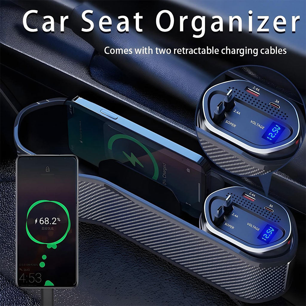 Organisateur de Siège Auto avec Charge Multi-Ports 5 en 1  & Charge Sans Fil – Design Carbone