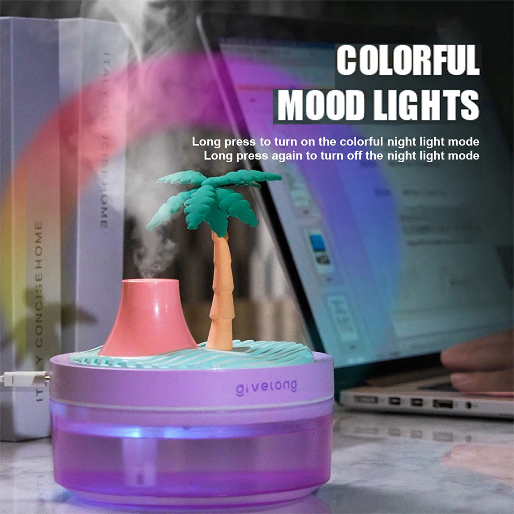 Mini Humidificateur USB Design Paysage Volcan et Cocotier LED Silencieux