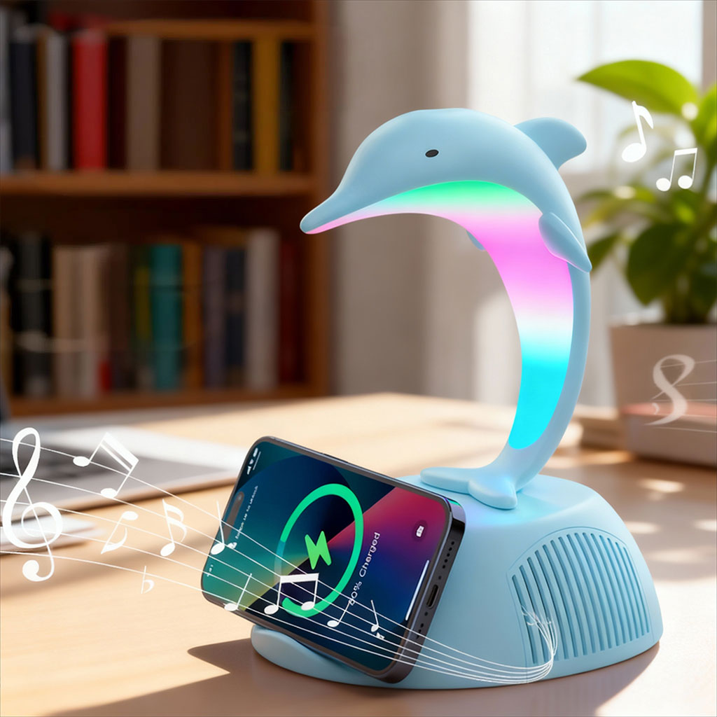 Haut-Parleur Bluetooth Dauphin 4-en-1 avec Lampe LED RGB et Charge Sans Fil 15W