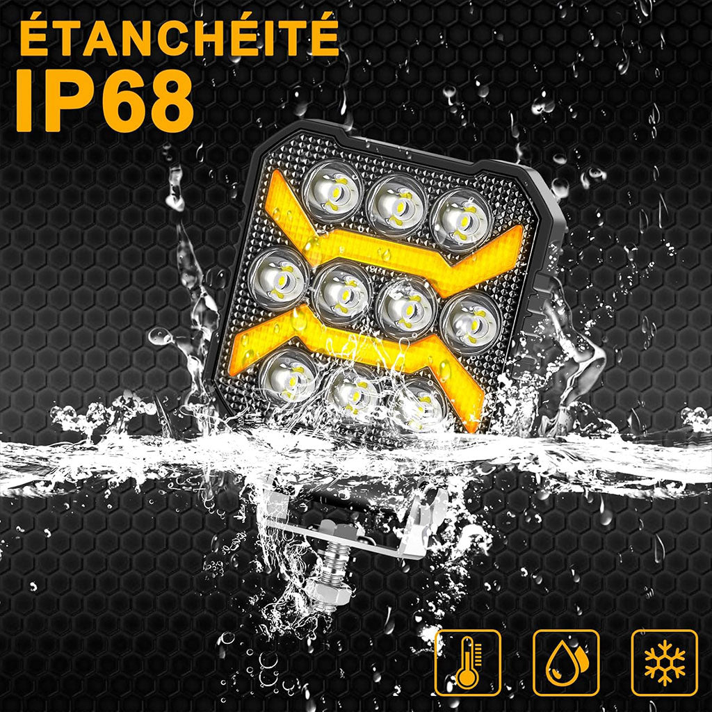 Projecteur LED de Travail 2400 lm IP68 3 Couleurs 5 Modes pour Voiture et Chantier