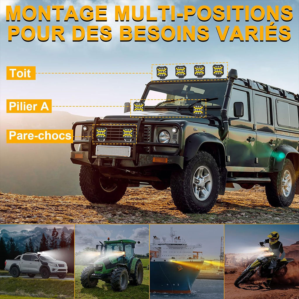 Projecteur LED de Travail 2400 lm IP68 3 Couleurs 5 Modes pour Voiture et Chantier