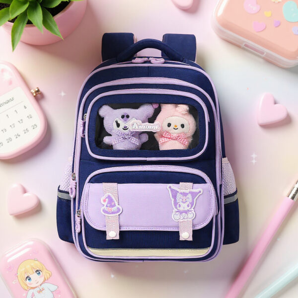 Sac à Dos Scolaire Créatif Bleu Nuit et Mauve avec Peluche Intégrée et Design Capybara Ludique