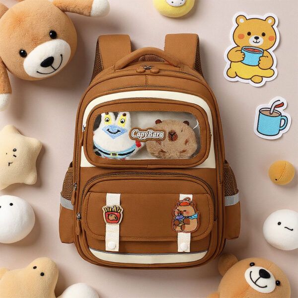 Sac à Dos Scolaire Créatif Marron avec Peluche Intégrée et Design Capybara Ludique