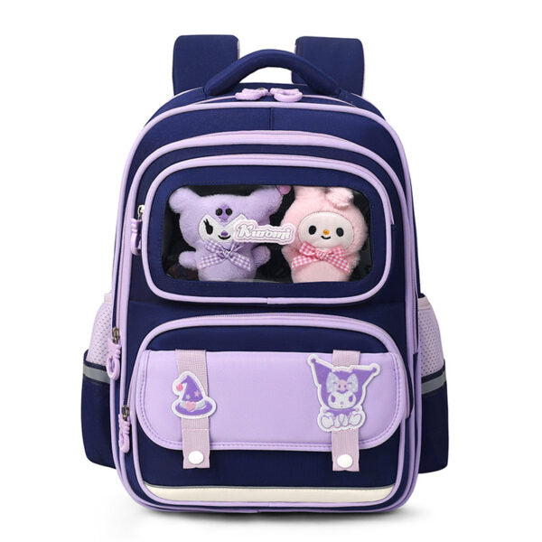 Sac à Dos Scolaire Créatif Bleu Nuit et Mauve avec Peluche Intégrée et Design Capybara Ludique