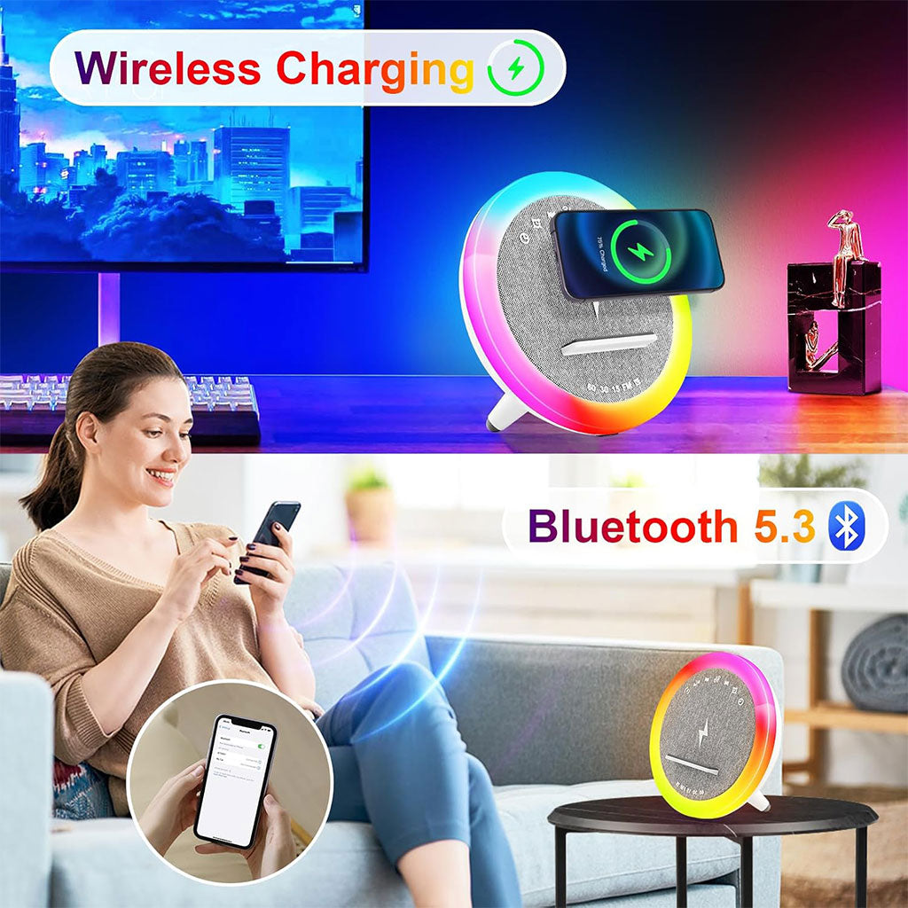 Lampe Multifonction 4 en 1 LED avec Bluetooth, Réveil et Charge Sans Fil 15W