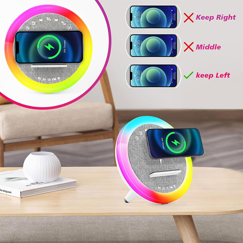 Lampe Multifonction 4 en 1 LED avec Bluetooth, Réveil et Charge Sans Fil 15W