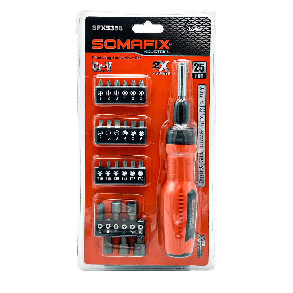 Kit de Tournevis à Cliquet Professionnel SOMAFIX SFX5358 en Acier Cr-V - 25 Pièces
