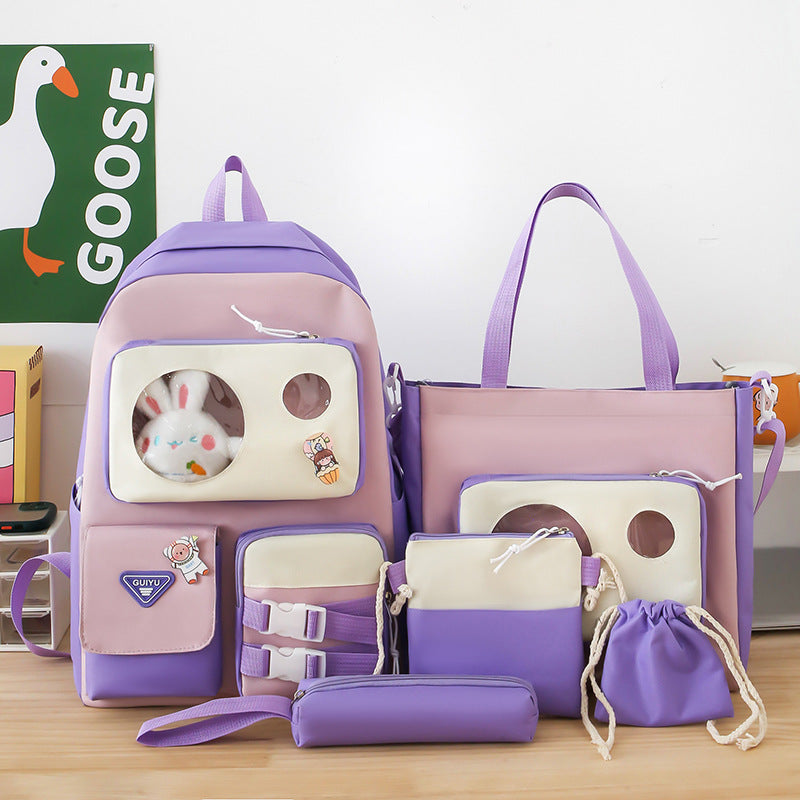 Set de Sacs Scolaires Kawaii 5 Pièces Mauve – L'Élégance et l'Organisation Complète pour Adolescents