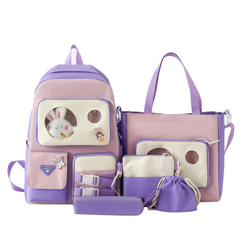 Set de Sacs Scolaires Kawaii 5 Pièces Mauve – L'Élégance et l'Organisation Complète pour Adolescents