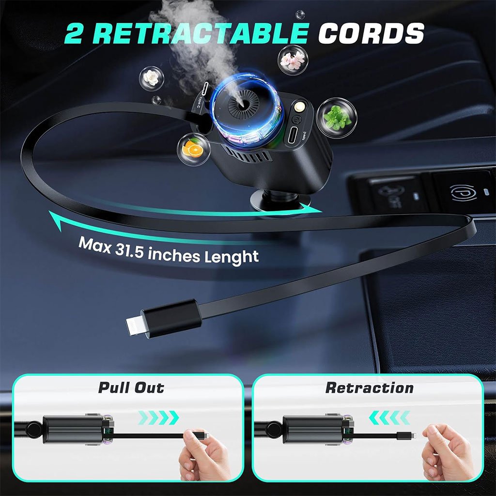 Chargeur de Voiture Rétractable 5 en 1 avec Aromathérapie et Lumière Ambiante image 5