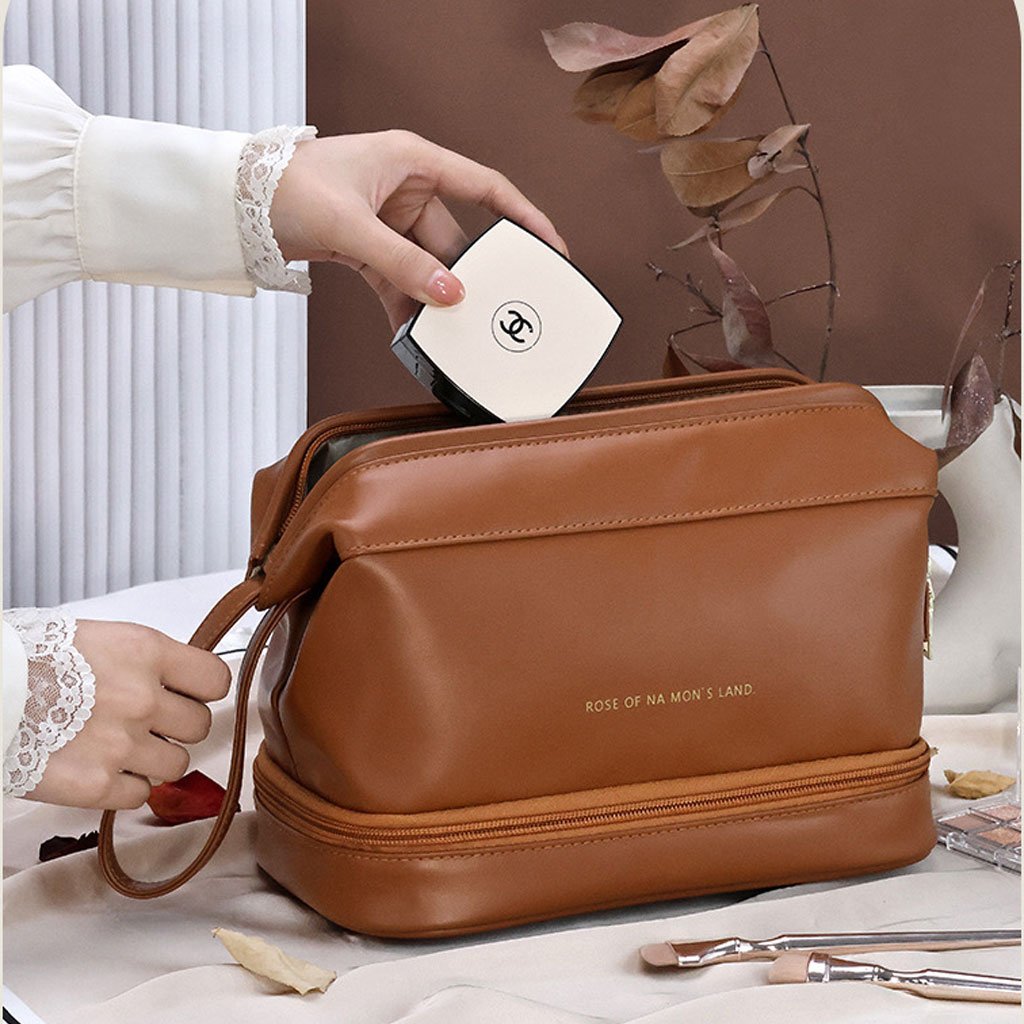 Trousse Maquillage Double Couche Grande Capacité en Cuir PU Imperméable حقيبة مكياج مزدوجة الطبقة بسعة كبيرة من الجلد المقاوم للماء image 1