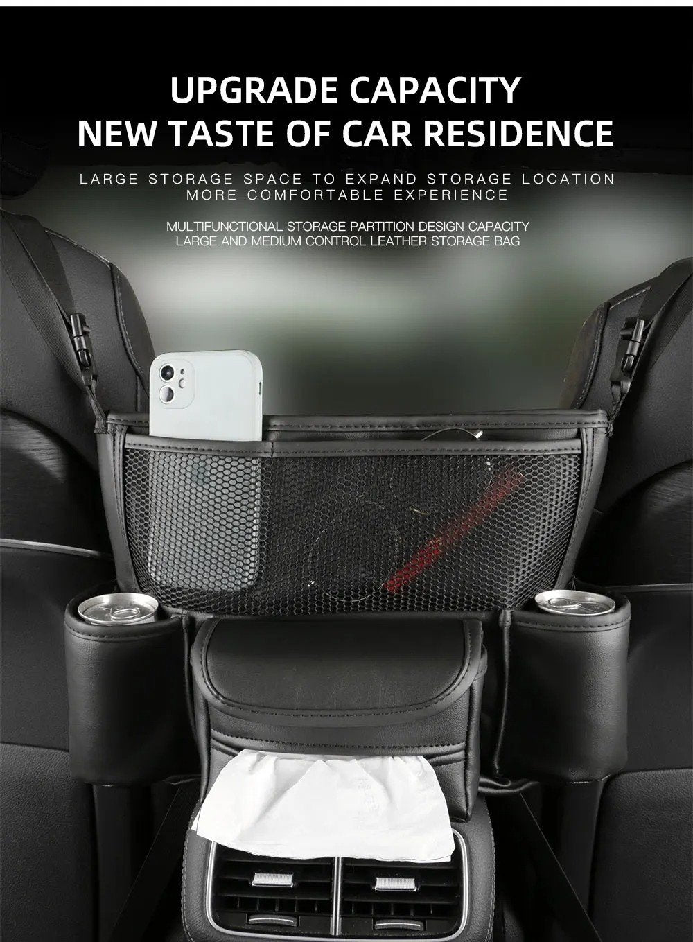 Sac de Rangement en Cuir pour Siège de Voiture – Support Central & Multi-Compartiments image 3