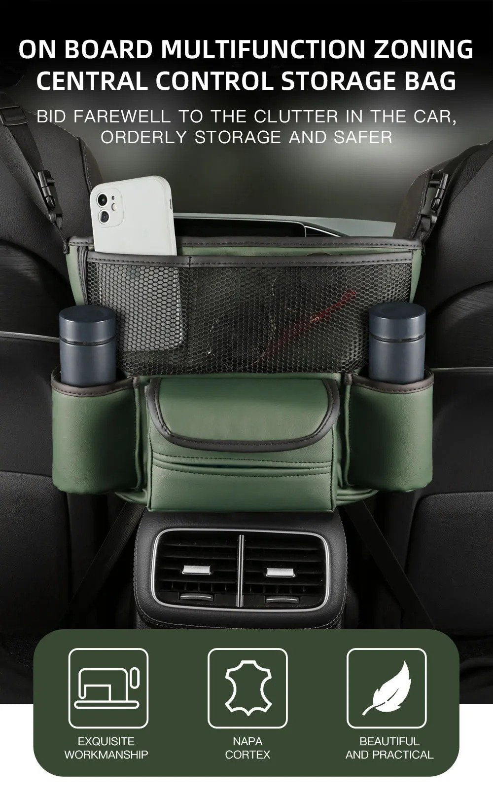Sac de Rangement en Cuir pour Siège de Voiture – Support Central & Multi-Compartiments image 5