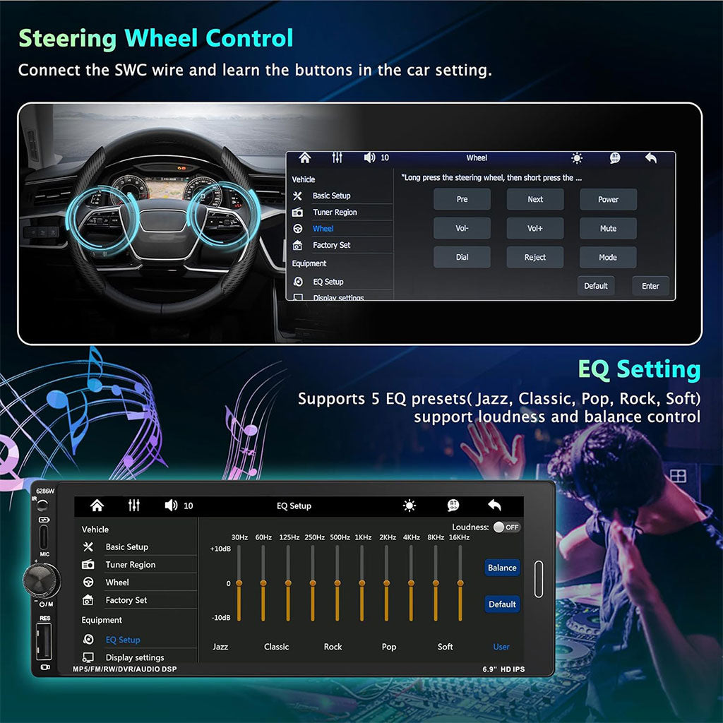 Autoradio 1-DIN Écran 6.9" : CarPlay & Android Auto Sans Fil
