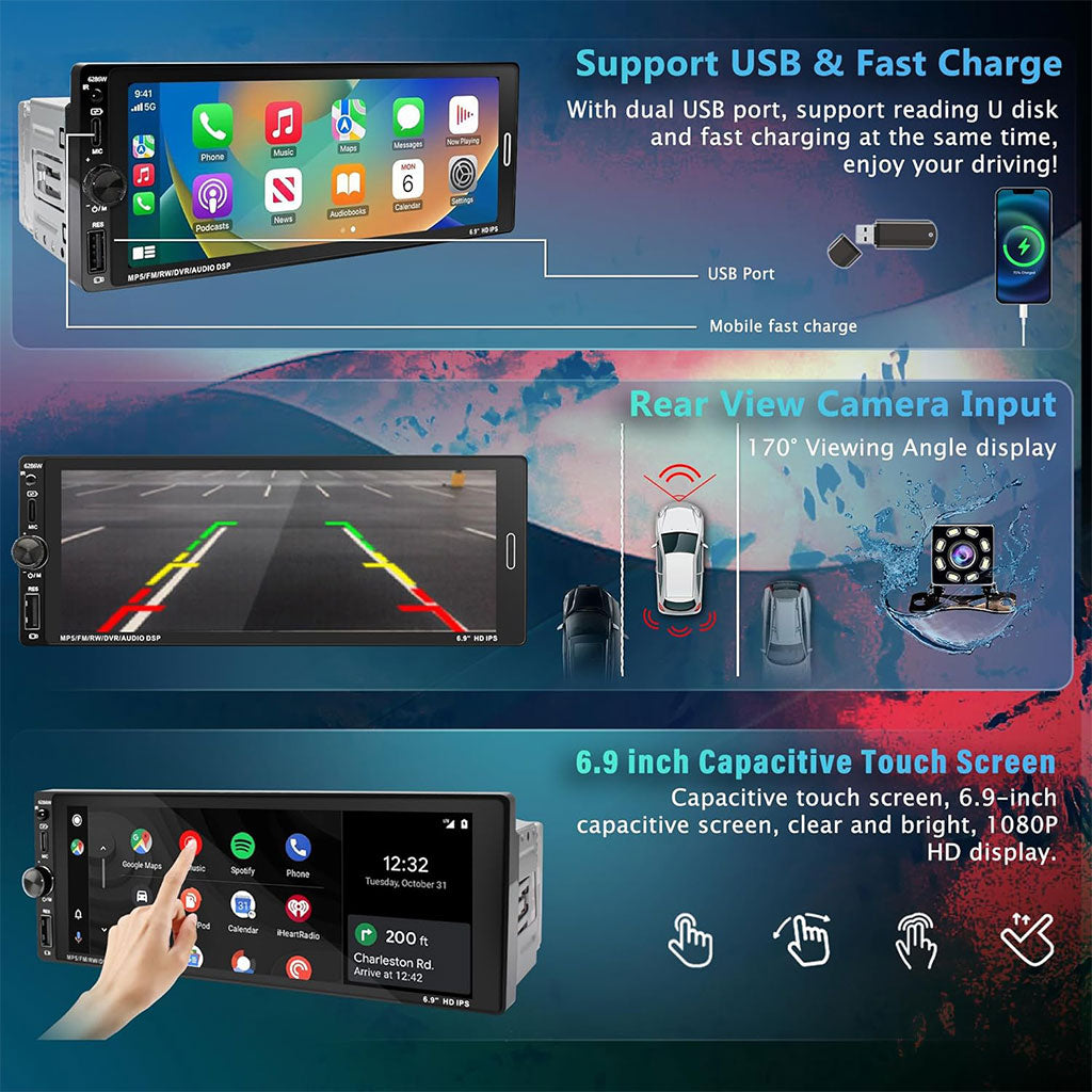 Autoradio 1-DIN Écran 6.9" : CarPlay & Android Auto Sans Fil